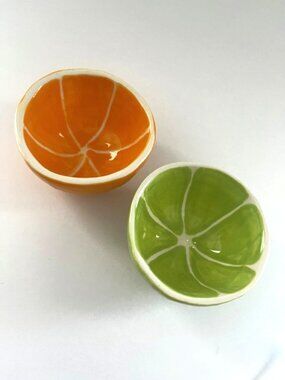 Orange and Lime Decorated Ceramic Bowls Serving Condiment - Set of 2